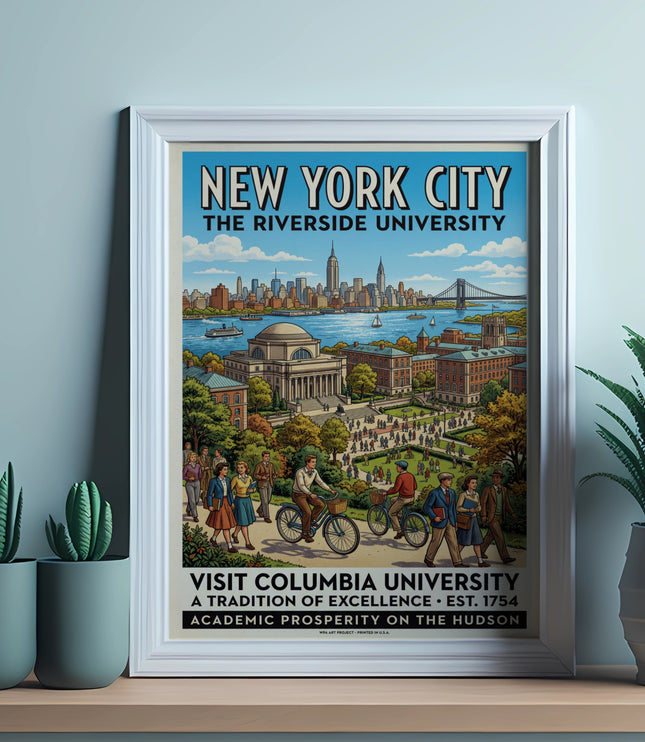 Visit Columbia University New York City poster with skyline and campus scene.