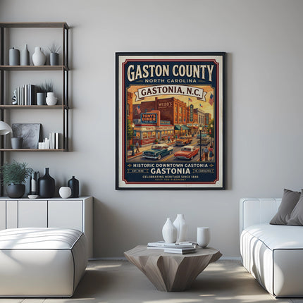 Gastonia, N.C. vintage travel poster featuring historic downtown and vintage cars.