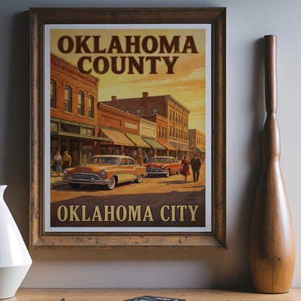 Vintage poster with "Oklahoma County Oklahoma City" text and classic cars.
