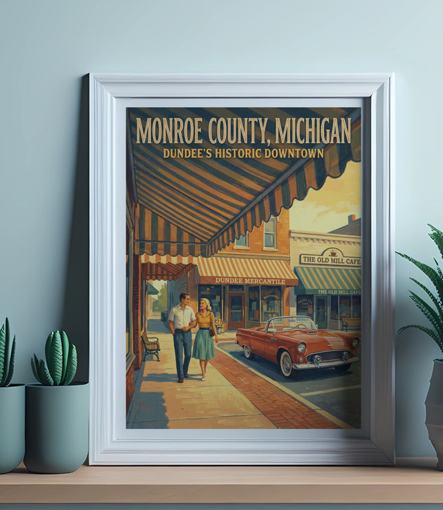 Vintaged poster art of Monroe County, Michigan, Dundee's historic downtown.