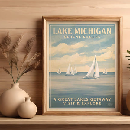 Framed "Lake Michigan Serene Shores" print with sailboats on water.