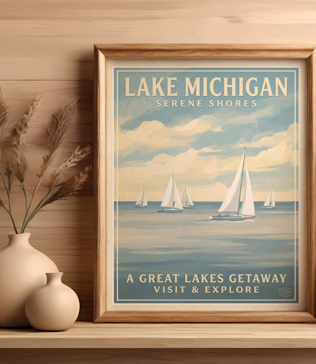 Framed "Lake Michigan Serene Shores" print with sailboats on water.