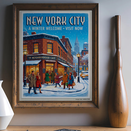Vintage New York City winter travel poster for The Neighborhood Cafe.