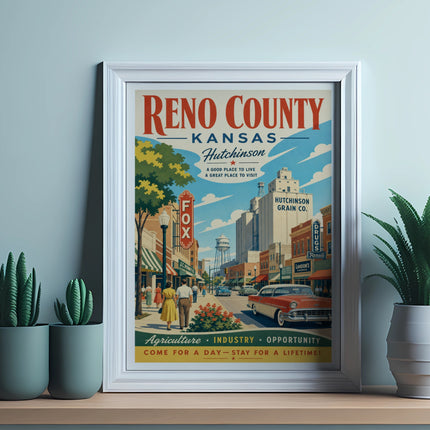 Reno County, Kansas vintage travel poster with downtown Hutchinson scene.