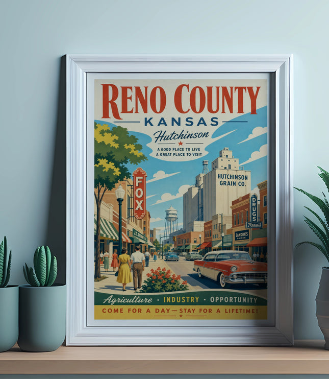 Reno County, Kansas vintage travel poster with downtown Hutchinson scene.