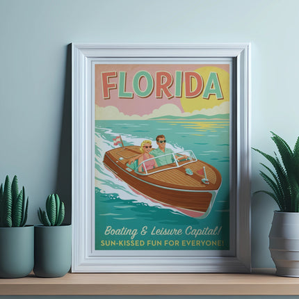 Vintage Florida postcard with a boat and text: "FLORIDA," "SUN-KISSED FUN FOR EVERYONE!"