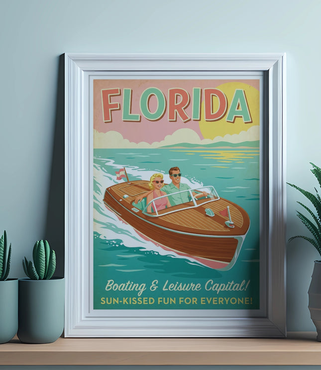 Vintage Florida postcard with a boat and text: "FLORIDA," "SUN-KISSED FUN FOR EVERYONE!"