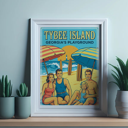 Framed vintage poster of a beach scene with a family, umbrellas, and surfboards.