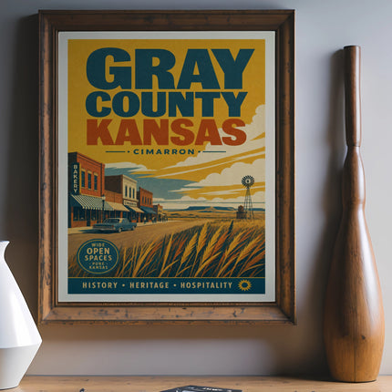 Gray County, Kansas poster with Cimarron, bakery, and open spaces.