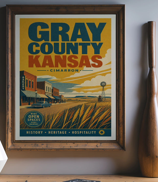 Gray County, Kansas poster with Cimarron, bakery, and open spaces.