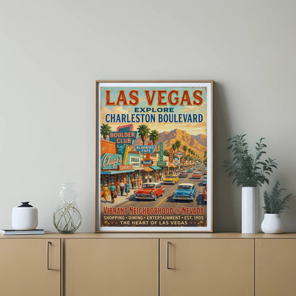 Las Vegas Charleston Boulevard vintage travel poster with retro cars and shops.