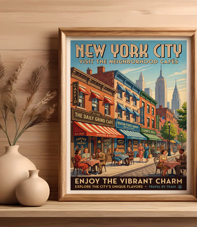 New York City vintage poster with cafes, Empire State Building, and text.