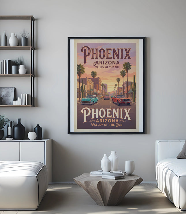 Poster of Phoenix, Arizona Valley of the Sun with vintage cars and palm trees.