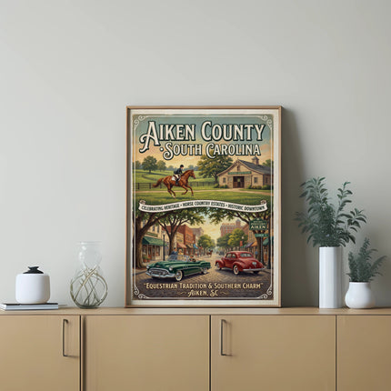 Aiken County South Carolina poster with equestrian scene and vintage cars
