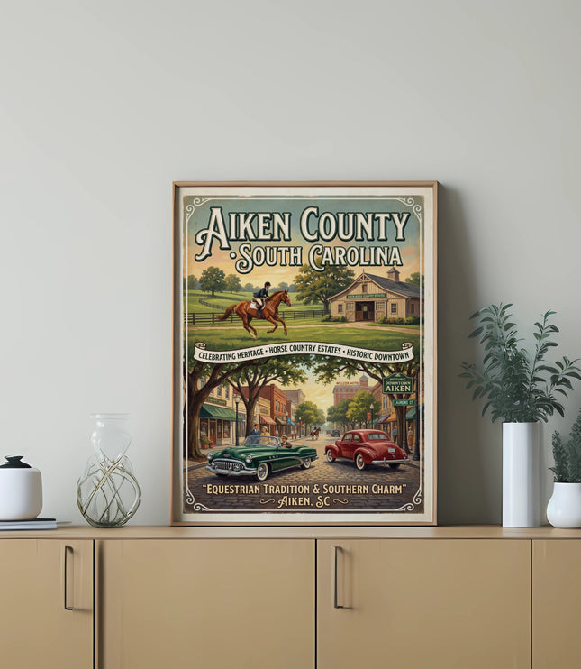 Aiken County South Carolina poster with equestrian scene and vintage cars