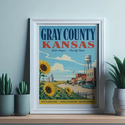 Gray County, Kansas vintage travel poster with sunflowers and Montezuma town scene.