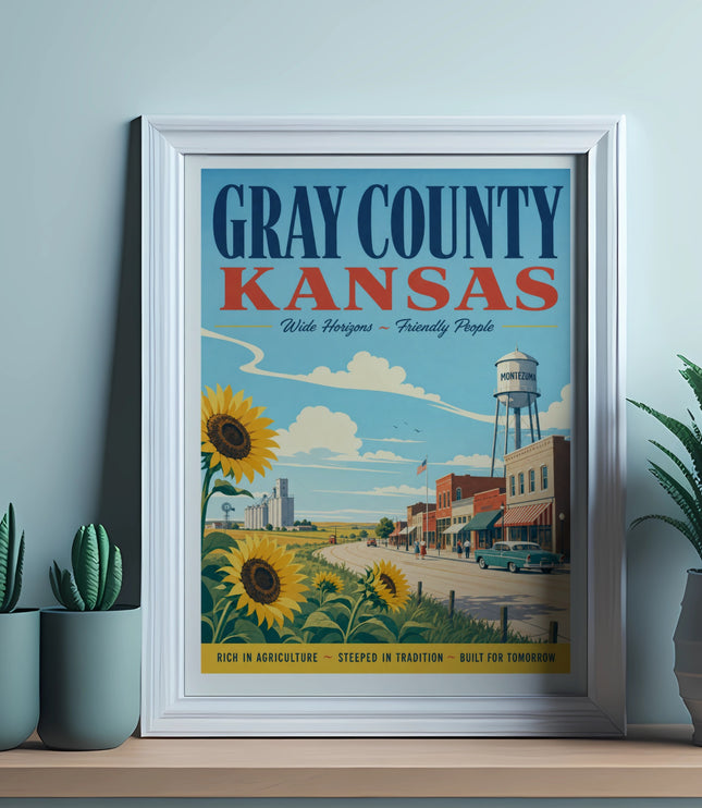 Gray County, Kansas vintage travel poster with sunflowers and Montezuma town scene.