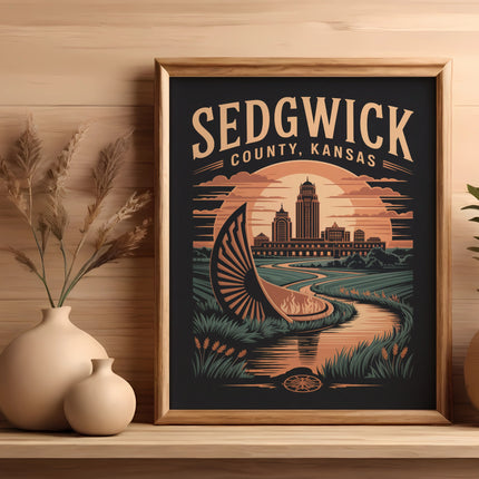 Sedgwick County, Kansas vintage travel poster with cityscape and landscape.