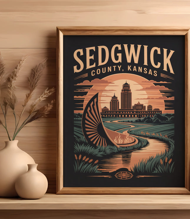 Sedgwick County, Kansas vintage travel poster with cityscape and landscape.