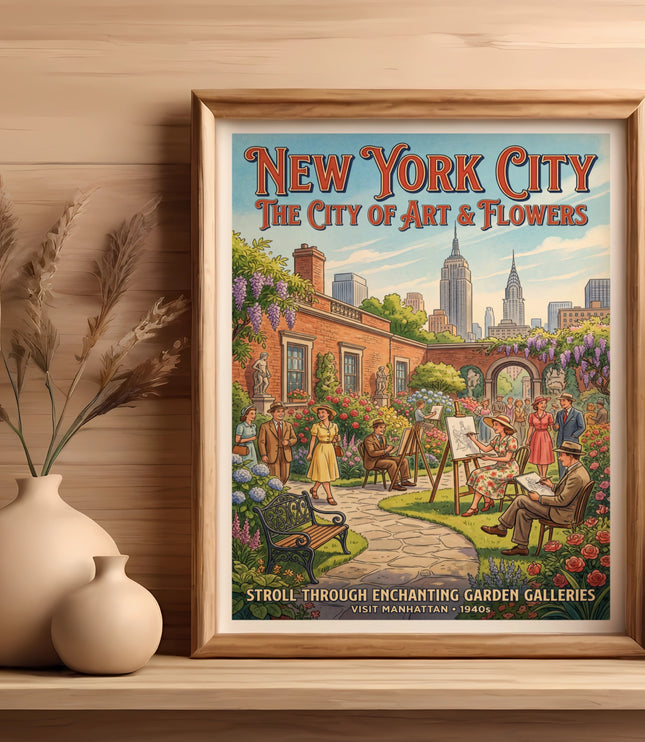 New York City poster showing buildings and garden with people painting.