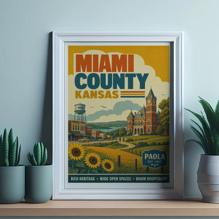 Miami County Kansas postcard featuring Paola landmarks, sunflowers, and text.