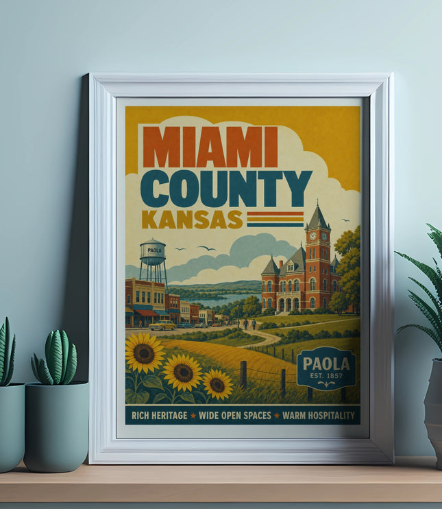 Miami County Kansas postcard featuring Paola landmarks, sunflowers, and text.