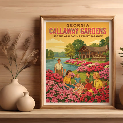 Callaway Gardens Georgia vintage travel poster with family enjoying azaleas.