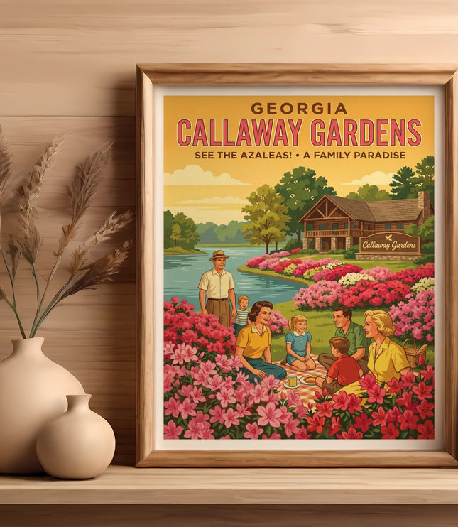 Callaway Gardens Georgia vintage travel poster with family enjoying azaleas.