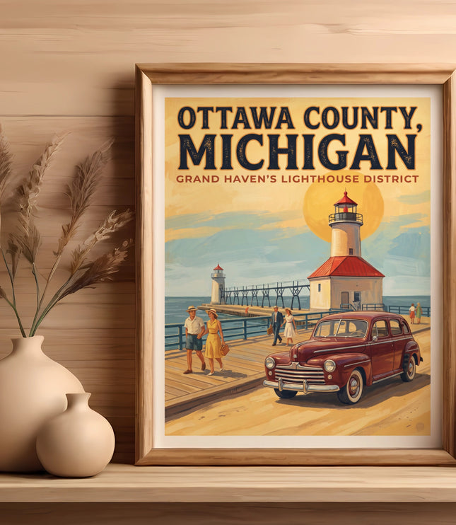 Poster with "Ottawa County, Michigan" and Grand Haven lighthouse scene.