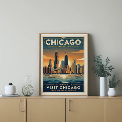 Chicago skyline art print with "The Windy City Visit Chicago Lake Michigan Sunset" text.