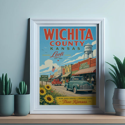 Vintage "Wichita County, Kansas" poster with Leoti town scene.