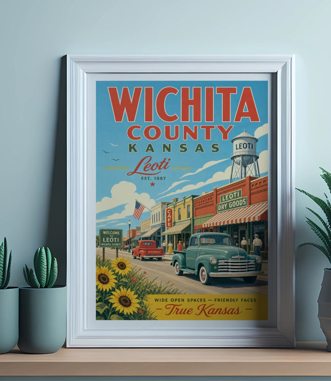 Vintage "Wichita County, Kansas" poster with Leoti town scene.