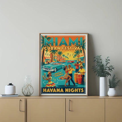 Miami Cuban Festival Havana Nights poster with vintage car and dancers.