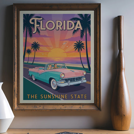 Vintage Florida travel poster of a convertible driving on a coastal road.