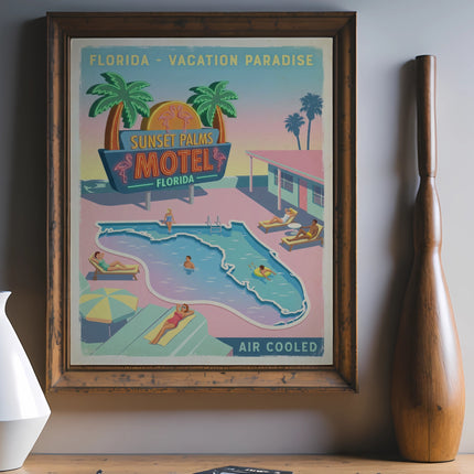 Vintage travel poster for Sunset Palms Motel, Florida, showing pool and people.