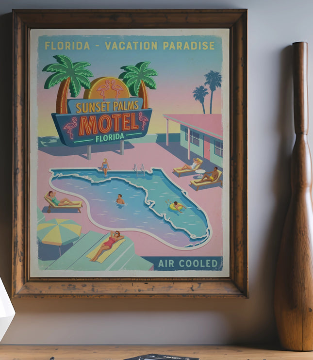 Vintage travel poster for Sunset Palms Motel, Florida, showing pool and people.