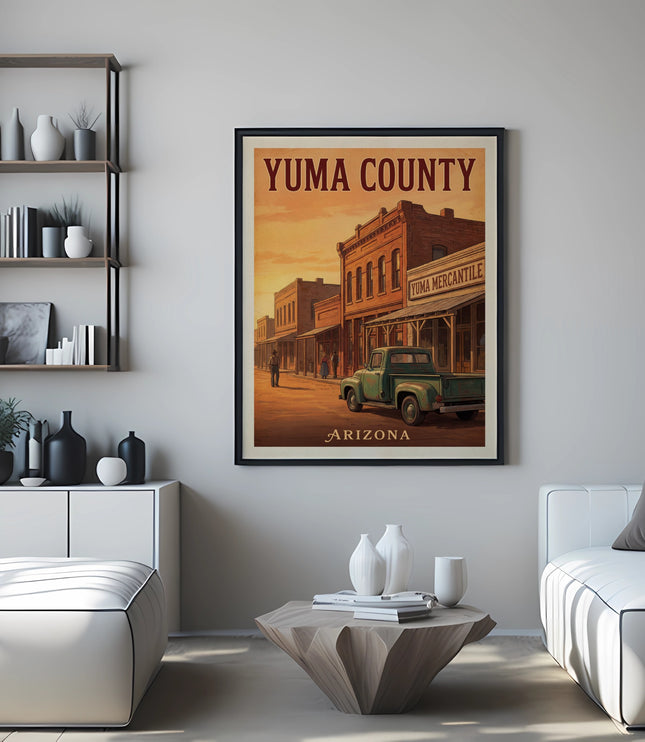Vintage Yuma County Arizona travel poster featuring a street scene and a green truck.