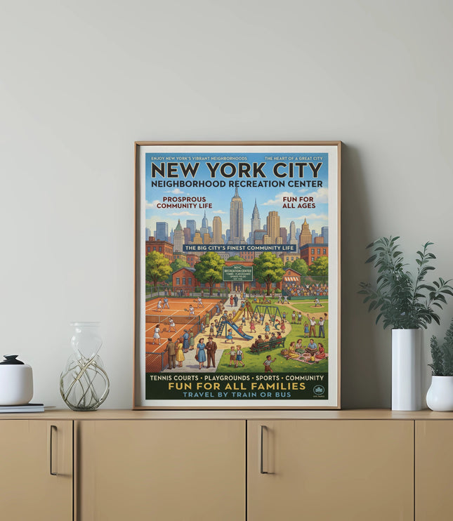 Retro poster for New York City Neighborhood Recreation Center with people playing tennis, picnicking.
