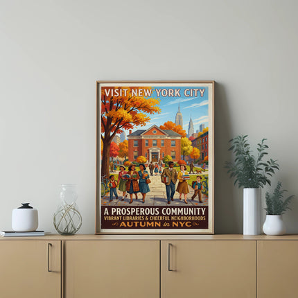 Poster of New York City in autumn featuring a library and diverse people.