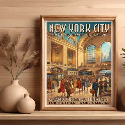 New York City Grand Central Terminal poster with people and trains.