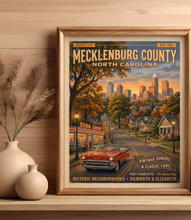 Mecklenburg County North Carolina vintage travel poster with skyline and retro car