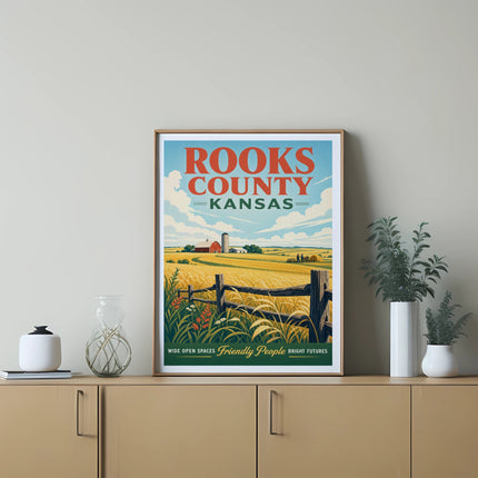 Rooks County, Kansas vintage travel poster with farm scene and text.