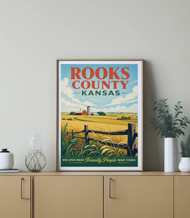 Rooks County, Kansas vintage travel poster with farm scene and text.