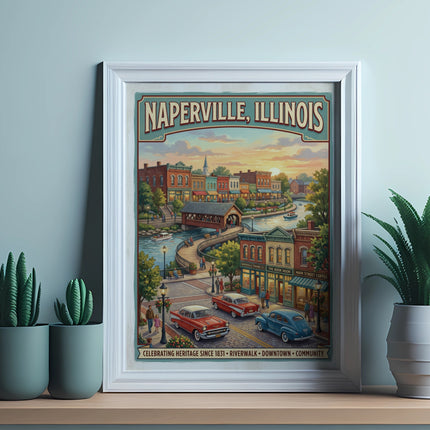 Framed artwork of Naperville, Illinois, featuring a riverwalk, shops, and vintage cars.