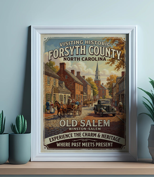 Vintage poster of Old Salem, Winston-Salem, NC, featuring a horse-drawn carriage and buildings.