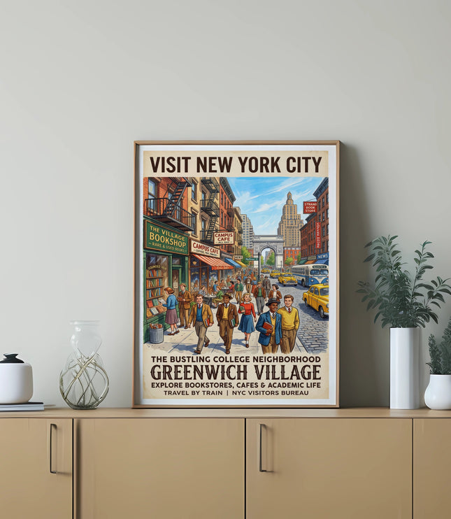 Vintage poster of Greenwich Village, New York City, with text.