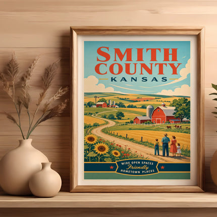 Smith County Kansas retro travel poster with farm scene and sunflowers.