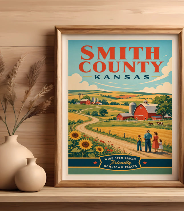 Smith County Kansas retro travel poster with farm scene and sunflowers.