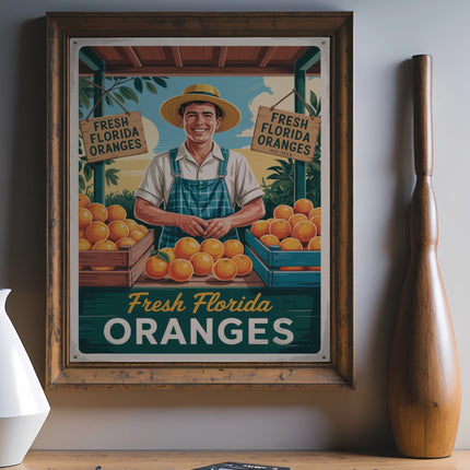 Vintage sign featuring a farmer and crates of fresh Florida oranges.