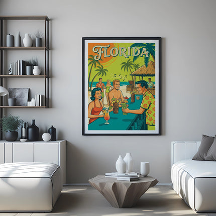 Vintage Florida travel poster with people at a beach bar.